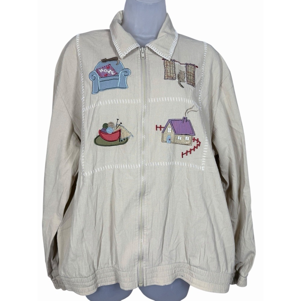 Teddi Embroidered Cat Knit Jacket L Grandmacore‎ Boho Crochet Cozy Cottage